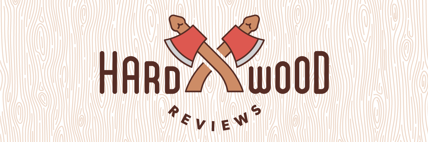 Hardwood Reviews title includes two suggestive axes crossing in between the words in the logo.